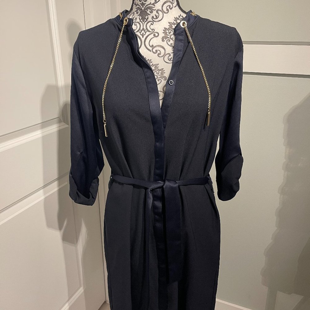 Navy Blue Shirt Dress with Gold chain and grommets Size L